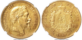 Napoleon III gold 100 Francs 1869-A AU58 NGC, Paris mint, KM802.1. A delightful example showing good mint brilliance. HID09801242017 © 2023 Heritage A...