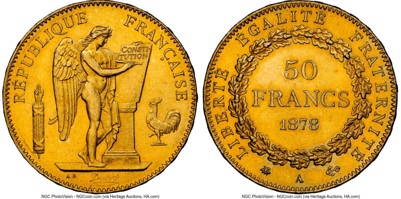 Republic gold 50 Francs 1878-A MS62 NGC, Paris mint, KM831, Gad-1113, F-549. Min...