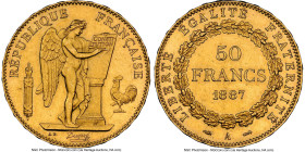 Republic gold 50 Francs 1887-A MS62 NGC, Paris mint, KM831, Gad-1113, F-549. Mintage: 301. Scattered abrasions define the grade on this uncirculated r...
