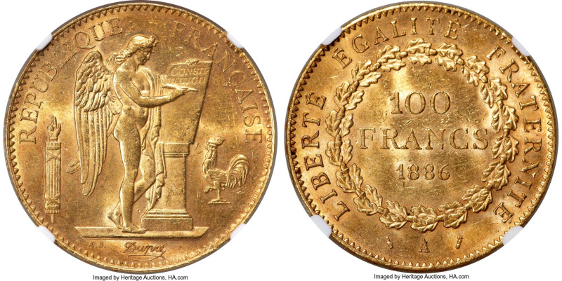 Republic gold 100 Francs 1886-A MS62 NGC, Paris mint, KM832, Fr-590. An attracti...