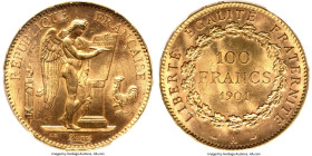 Republic gold 100 Francs 1901-A MS63+ PCGS, Paris mint, KM832, Gad-1137. Mintage: 10,000. A low-mintage type bestowed a coveted Plus designation for t...