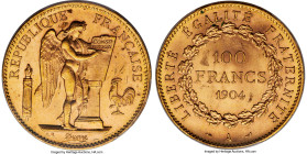 Republic gold 100 Francs 1904-A MS64 PCGS, Paris mint, KM832, Gad-1137, FR-552. Mintage: 20,000. A near-Gem offering weaving velveteen, blooming field...
