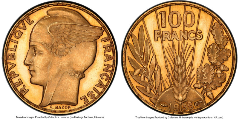 Republic gold Proof "Bazor" 100 Francs 1935 PR64+ Deep Cameo PCGS, Paris mint, K...