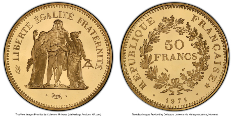 Republic gold Specimen Piefort 50 Francs 1974 SP66 PCGS, Paris mint, KM-P510. Mi...