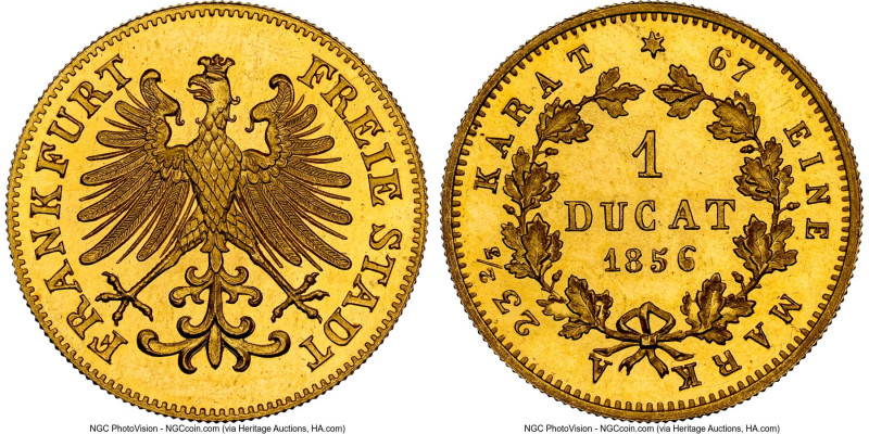 Frankfurt. Free City gold Ducat 1856 MS66 Deep Prooflike NGC, KM352, Fr-1027. Mi...