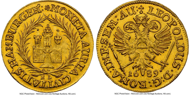 Hamburg. Free City gold Ducat 1689-HL MS65 NGC, KM295, Fr-1109. 3.49gm. A type t...