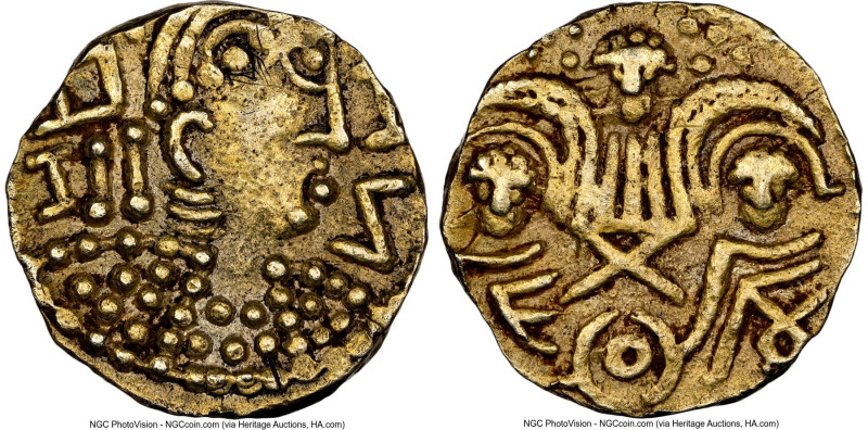 Early Anglo-Saxon. Post-Crondall Phase gold Thrymsa ND (655-675) AU50 NGC, S-767...