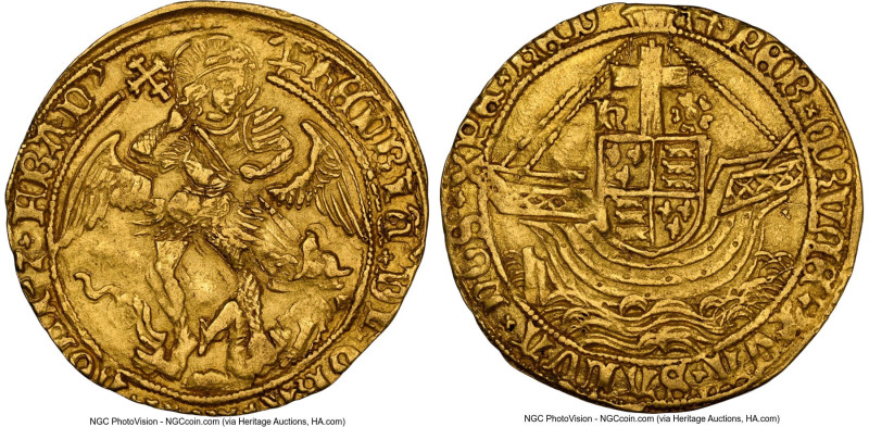 Henry VII (1485-1509) gold Angel ND (1499-1502) AU Details (Bent) NGC, Tower min...