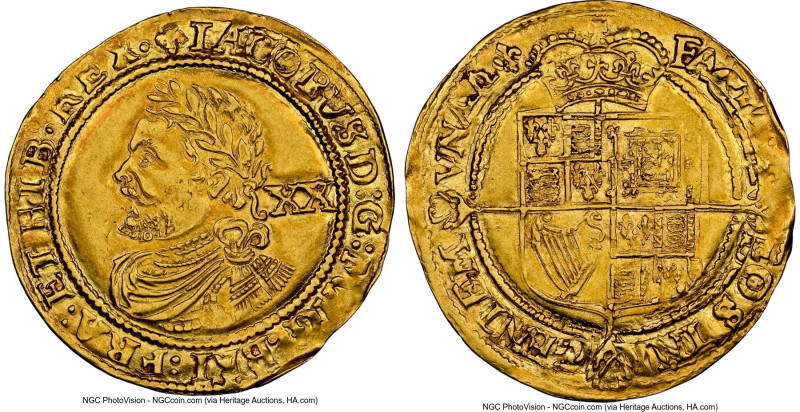 James I (1603-1625) gold Laurel ND (1623-1624) AU55 NGC, Tower mint, Lis mm, Thi...