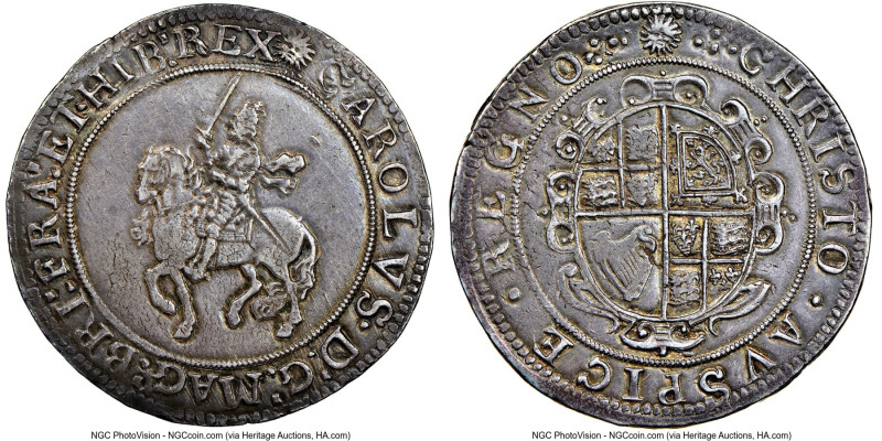 Charles I Crown ND (1645-1646) AU55 NGC, Tower mint under Parliament, Sun mm, S-...