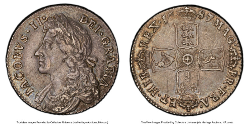 James II Shilling 1687/6 AU55 PCGS, KM451.1, S-3410. G/A in MAG variety. A clear...