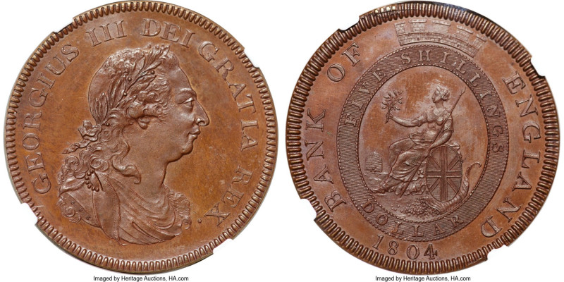 George III copper Proof Bank Dollar of 5 Shillings 1804 PR66 Brown NGC, KM-Tn1, ...