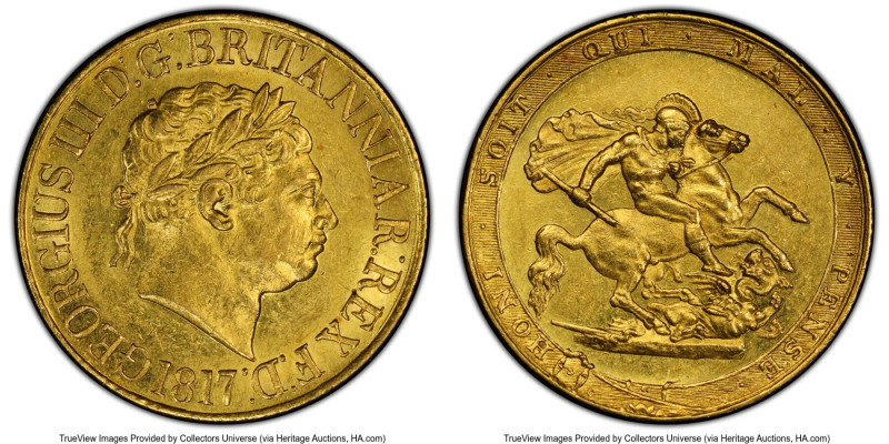 George III gold Sovereign 1817 MS61 PCGS, KM674, S-3785. An evenly rendered piec...