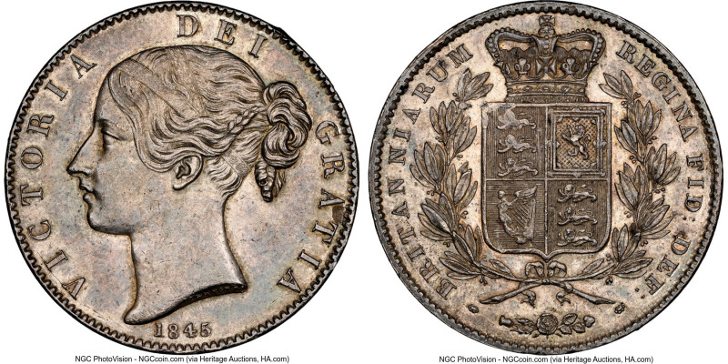 Victoria Crown 1845 MS61 NGC, KM741, S-3882. Variety with cinquefoil stops in ed...