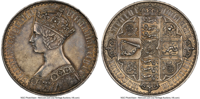 Victoria Proof "Gothic" Crown 1847 PR58 NGC, KM744, S-3883. Edge: UN DECIMO. At ...