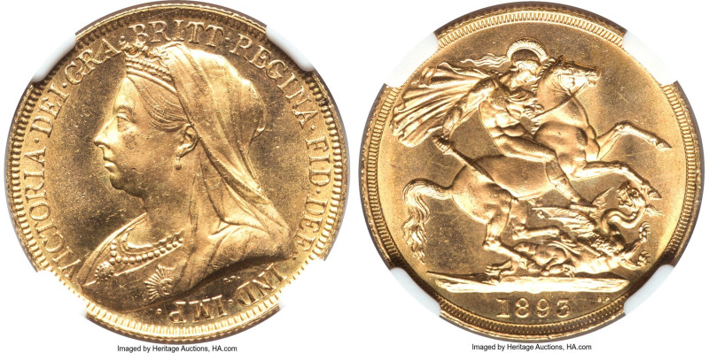 Victoria gold 2 Pounds 1893 MS65 NGC, KM786, S-3873. A sound Gem with hints of g...