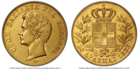 Othon gold 20 Drachmai 1833 AU53 PCGS, Munich mint, KM21. A desirable one-year type when encountered in any meaningful condition, offered here in whol...