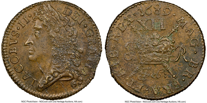 James II "Gunmoney" Shilling 1689 MS63 NGC, KM94, S-6581N. February issue. Extre...