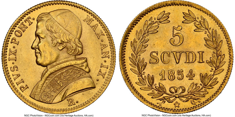 Papal States. Pius IX gold 5 Scudi Anno IX (1854)-R MS64 NGC, Rome mint, KM1116,...