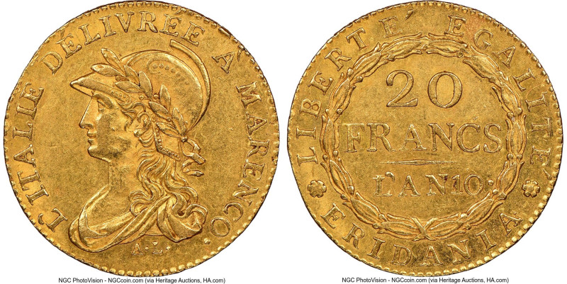 Piedmont. Subalpine Republic gold 20 Francs L'An 10 (1801/1802) AU58+ NGC, Turin...