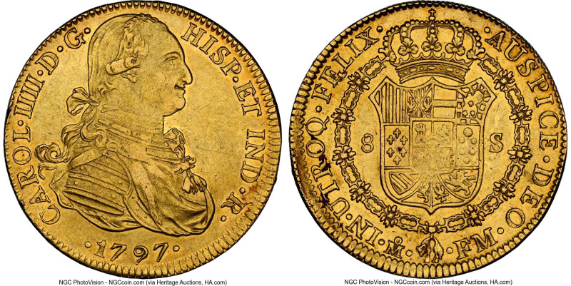 Charles IV gold 8 Escudos 1797 Mo-FM AU55 NGC, Mexico City mint, KM159, Cal-1637...