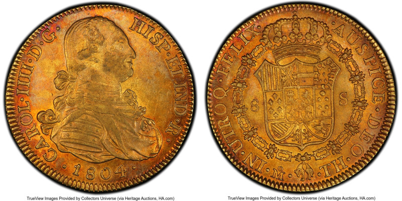 Charles IV gold 8 Escudos 1804/3 Mo-TH AU58 PCGS, Mexico City mint, KM159. A sca...