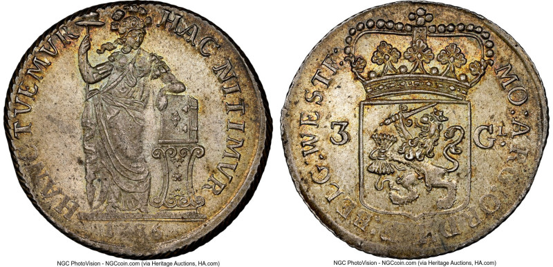 West Friesland. Provincial 3 Gulden 1786 MS65 NGC, KM141.2, Dav-1853. A breathta...