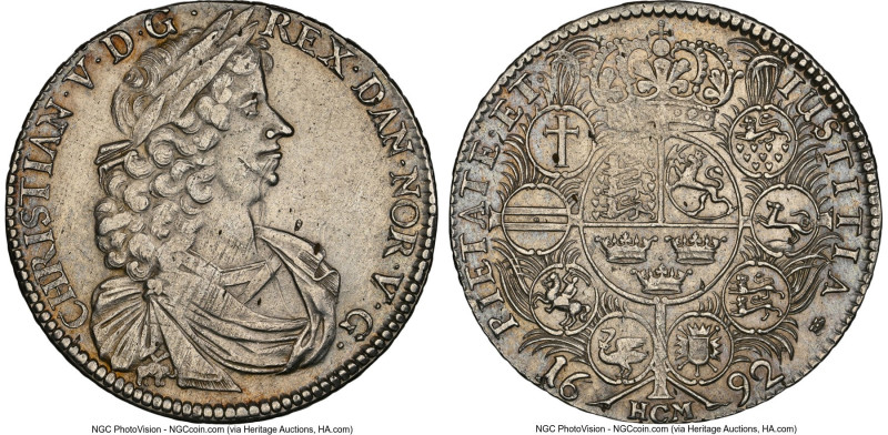 Christian V Speciedaler 1692-HCM AU Details (Cleaned) NGC, Kongsberg mint, KM190...