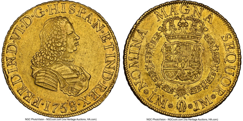 Ferdinand VI gold 8 Escudos 1758/7 LM-JM AU58 NGC, Lima mint, KM59.2, Cal-773, O...