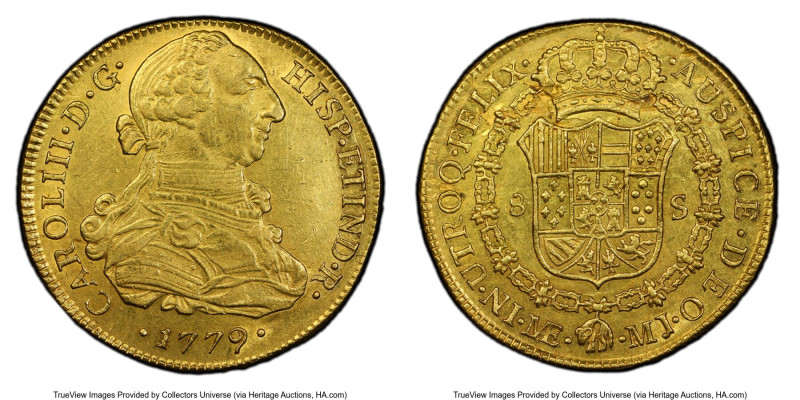 Charles III gold 8 Escudos 1779 LM-MJ AU55 PCGS, Lima mint, KM82.1, Cal-1940. A ...