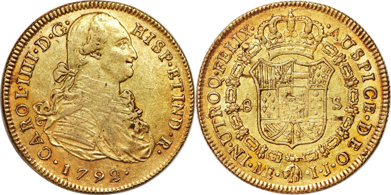 Charles IV gold 8 Escudos 1792 LM-IJ XF45, Lima mint, KM101, Cal-1591. A first-y...