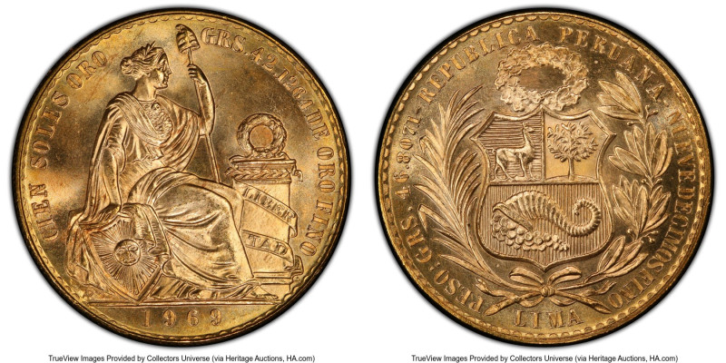 Republic gold 100 Soles 1969 MS66 PCGS, Lima mint, KM231, Fr-78. Silky luster be...