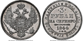 Nicholas I platinum 3 Roubles 1844-CПБ AU Details (Cleaned) NGC, St. Petersburg mint, KM-C177, Fr-160, Bit-90 (R). A superb specimen with ample eye ap...