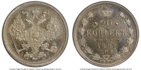 Alexander III Proof 20 Kopeks 1887 СПБ-АГ PR65 PCGS, St. Petersburg mint, KM-Y-22a.1, Bit-106. Pockets of electric blue and violet fuse with champagne...
