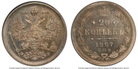 Nicholas II Proof 20 Kopeks 1907 СПБ-ЭБ PR66 PCGS, St. Petersburg mint, KM-Y-22a.1, Bit-107. Surviving in a state of preservation that defies the norm...