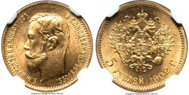 Nicholas II gold 5 Roubles 1902-AP MS68 NGC, St. Petersburg mint, KM-Y62. A common type we handle with great frequency, but rarely at this state of pr...