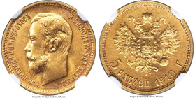 Nicholas II gold 5 Roubles 1910-ЭБ MS66 NGC, St. Petersburg mint, KM-Y62, Bit-36 (R). A scarcer date in this plentiful gold series, especially sought ...