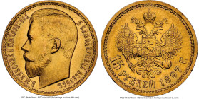 Nicholas II gold "Narrow Rim" 15 Roubles 1897-AΓ MS63 NGC, St. Petersburg mint, KM-Y65.2, Bit-2. Narrow rim variety with last three letters of the obv...