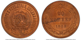 USSR Specimen Pattern copper 20 Kopecks 1923 SP64 Brown PCGS, Leningrad mint, KM-Pn176. An exceedingly rare Soviet-era Pattern issue, for which this i...