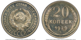 USSR Proof 20 Kopeks 1929 PR66 Cameo PCGS, KM-Y88, Fedorin-16П. A unique Proof Cameo specimen in this early Soviet series with remarkable contrast bet...