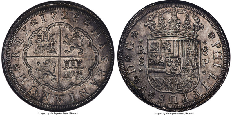 Philip V 8 Reales 1728 S-P MS62 NGC, Seville mint, KM336.3, Dav-1697, Cal-1618, ...