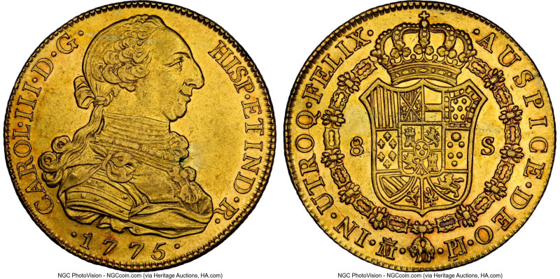 Charles III gold 8 Escudos 1775 M-PJ MS61 NGC, Madrid mint, KM409.1, Cal-1961. N...