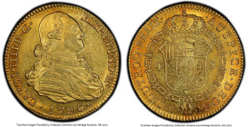 Charles IV gold 4 Escudos 1796 M-MF MS62 PCGS, Madrid mint, KM436.1, Cal-1479. Peripheral peach tones and bright yellow centers with appreciable luste...