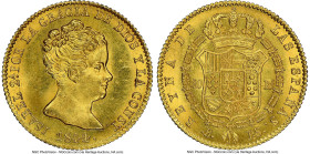 Isabel II gold "De Vellon" 80 Reales 1844 B-PS MS65+ NGC, Seville mint, KM578.1. Large bust variety. A superior Gem with attractive luster, the revers...