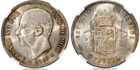 Alfonso XII 5 Pesetas 1883(83) MS-M MS63+ NGC, Madrid mint, KM688. A decidedly Choice offering with strong cartwheel luster and sharp details, decorat...