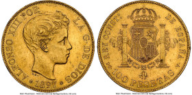 Alfonso XIII gold 100 Pesetas 1897(97) SG-V MS62 NGC, Madrid mint, KM708, Fr-347. With the usual abraded surfaces, this example nevertheless retains i...