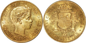Alfonso XIII gold 100 Pesetas 1897(97) SG-V MS61 NGC, Madrid mint, KM708, Cal-119. A notorious original striking of Alfonso XIII whose young bust rema...