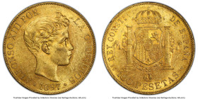 Alfonso XIII gold 100 Pesetas 1897(97) SG-V MS61 PCGS, Madrid mint, KM708, Fr-347. A popular one-year type; this Mint State example has plenty of mark...