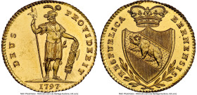 Bern. Canton gold "Warrior Standing" Duplone 1797 MS66 NGC, KM163, Fr-187, HMZ-2-213i. A breathtaking "Standing Warrior" type of the 1797 Bern Duplone...
