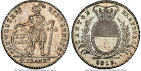 Freiburg. Canton 4 Franken 1813 MS63 NGC, KM79, Dav-363, HMZ-2-283. Mintage: 2,429. An exciting early 19th century Swiss Cantonal Crown-sized remissio...